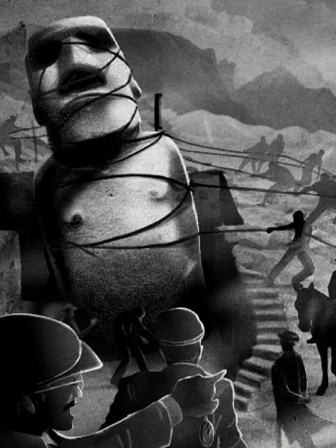 Black and white drawn scene of 19th century soldiers capturing a Moai statue from Easter Islands