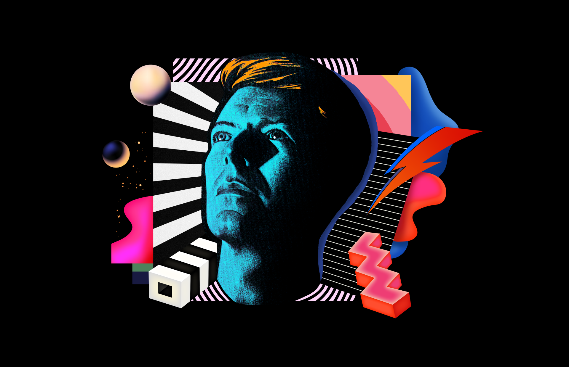 Graphic design poster featuring David Bowie with colour and shapes