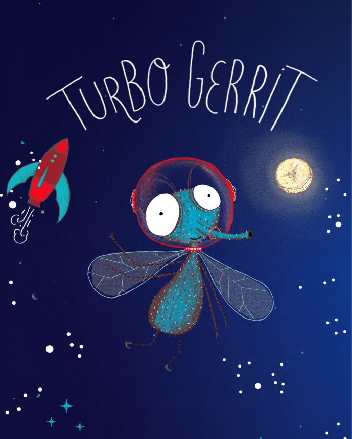 Illustration of audio book character, a fly in space