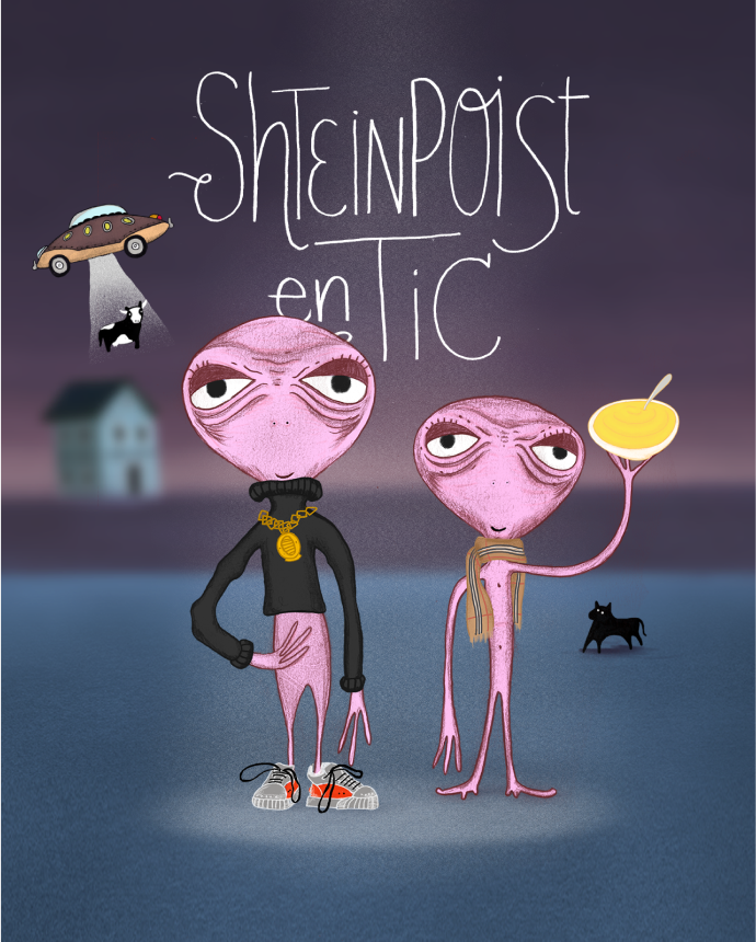Illustration of audio book characters, two pink aliens