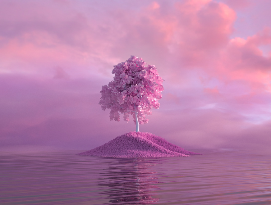 Purple hue image of a tree on an island surrounded by water